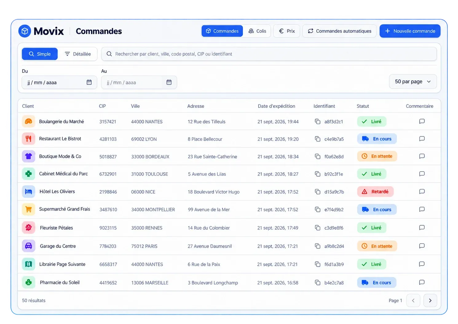 Écran « Commandes » de Movix : la liste des commandes avec le client, la ville, l’adresse et le statut de livraison.